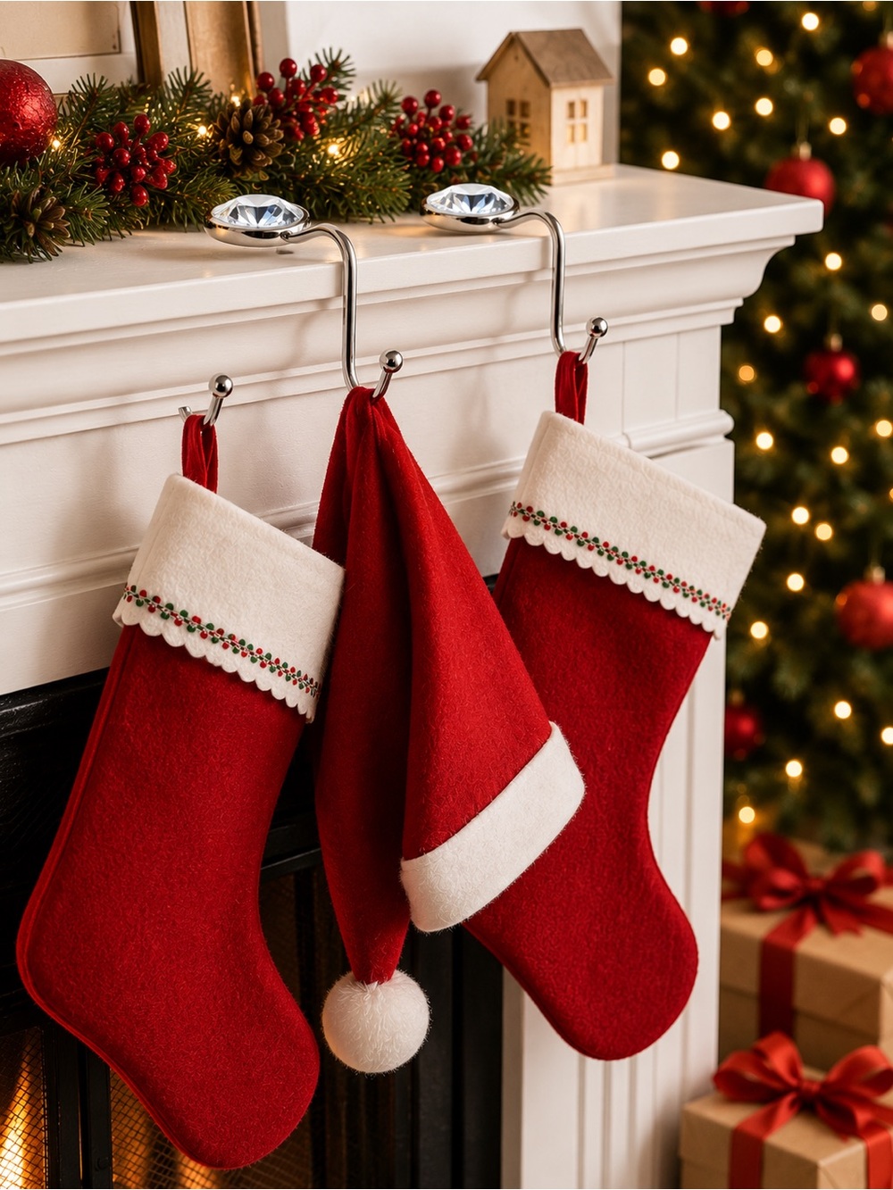 Red Holiday Stockings and Santa Hat Set